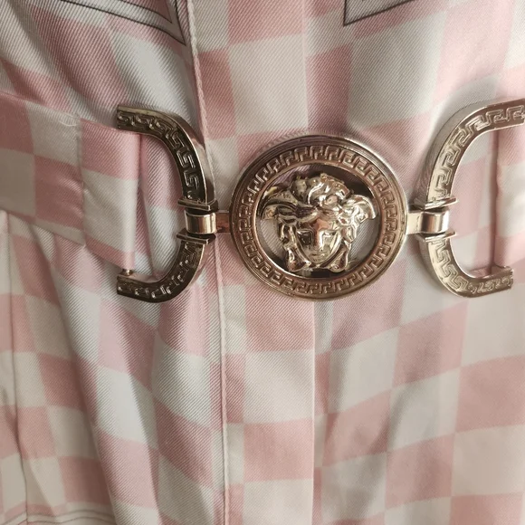 Versace Pink Shirt Dress Signature Baroque Print with belt Silk size S